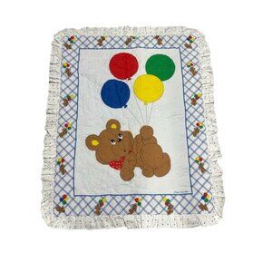 Vintage That's Our Baby Quilted Crib Blanket Bear Balloons 80s 90s Primary Color